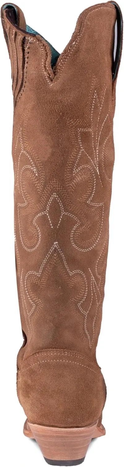 Corral Boots Womens Suede Embroidered Tall Snip Toe Casual Boots Knee High Mid Heel 2-3" - Brown