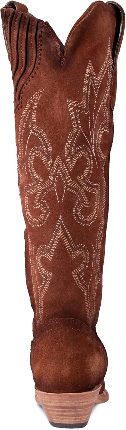 Corral Boots Womens Suede Embroidered Tall Snip Toe Casual Boots Knee High Mid Heel 2-3" - Brown