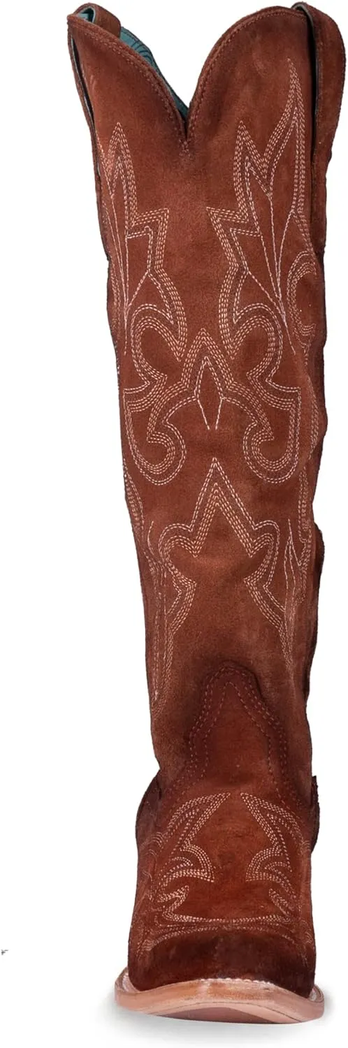 Corral Boots Womens Suede Embroidered Tall Snip Toe Casual Boots Knee High Mid Heel 2-3" - Brown