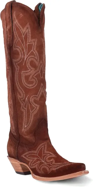Corral Boots Womens Suede Embroidered Tall Snip Toe Casual Boots Knee High Mid Heel 2-3" - Brown
