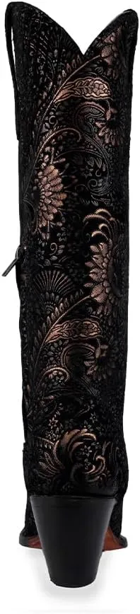 CORRAL LADIE'S BLACK/GOLADIE'S STAMPED FLORAL SUEDE TALL TOP, CORRAL LARGE 65X35 SOLE,COWHIDE LEATHER, URBAN BOOT, A4481