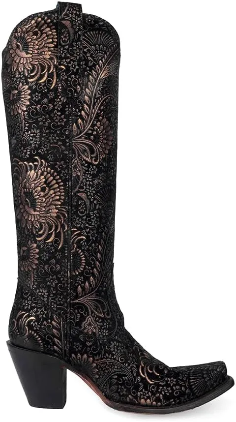 CORRAL LADIE'S BLACK/GOLADIE'S STAMPED FLORAL SUEDE TALL TOP, CORRAL LARGE 65X35 SOLE,COWHIDE LEATHER, URBAN BOOT, A4481