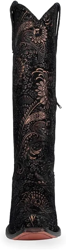 CORRAL LADIE'S BLACK/GOLADIE'S STAMPED FLORAL SUEDE TALL TOP, CORRAL LARGE 65X35 SOLE,COWHIDE LEATHER, URBAN BOOT, A4481