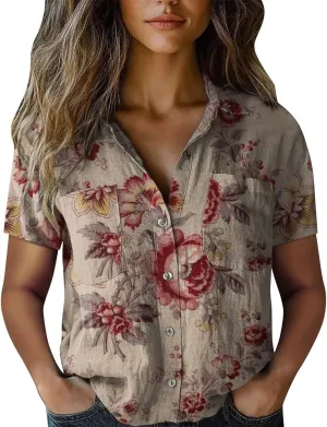 Cotton Boho Tops Vintage Boho Tops for Women Floral Print Gauze Shirt Short Sleeve Button Up Blouses Ethnic Tshirt