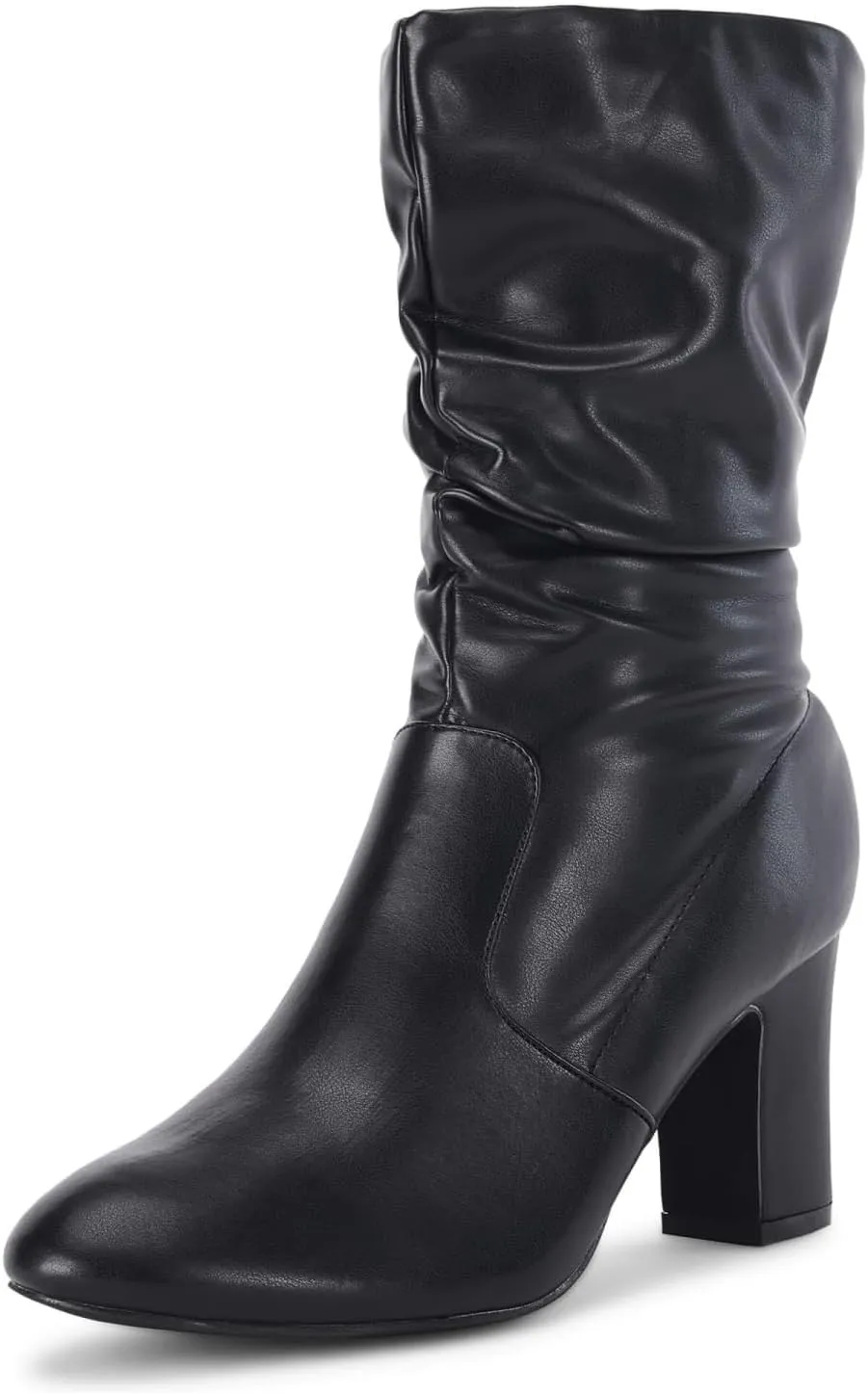 Coutgo Women's Mid Calf Slouchy Boots Suede High Heel Zip Stacked Chunky Block Round Toe Booties