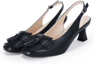 Coutgo Womens Slingback Kitten Heels Pumps Closed Square Toe Sexy Low Heel Tassels Party Wedding Dress Shoes