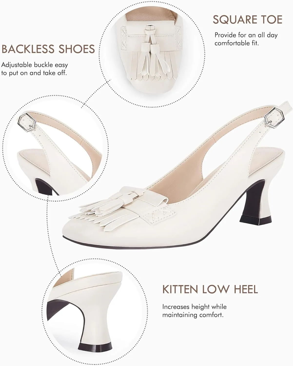 Coutgo Womens Slingback Kitten Heels Pumps Closed Square Toe Sexy Low Heel Tassels Party Wedding Dress Shoes