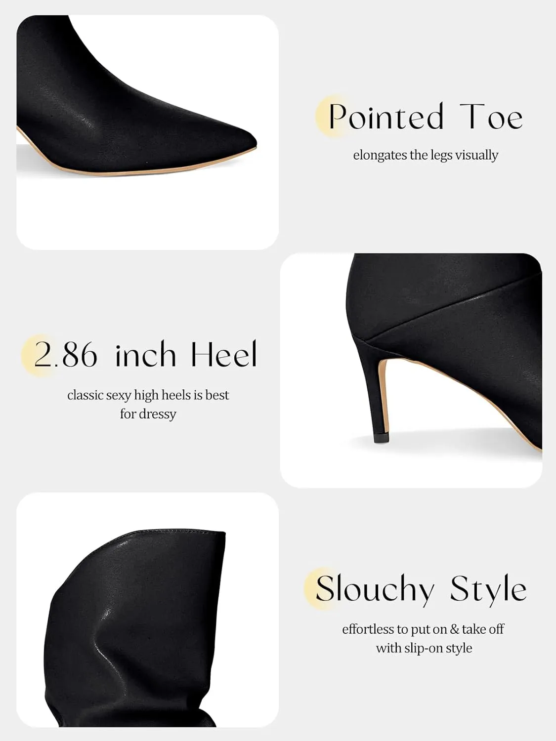 Coutgo Womens Slouchy Mid Calf Boots Stiletto High Heel Leather Booties Pointed Toe Pull on Fall Winter Shoes