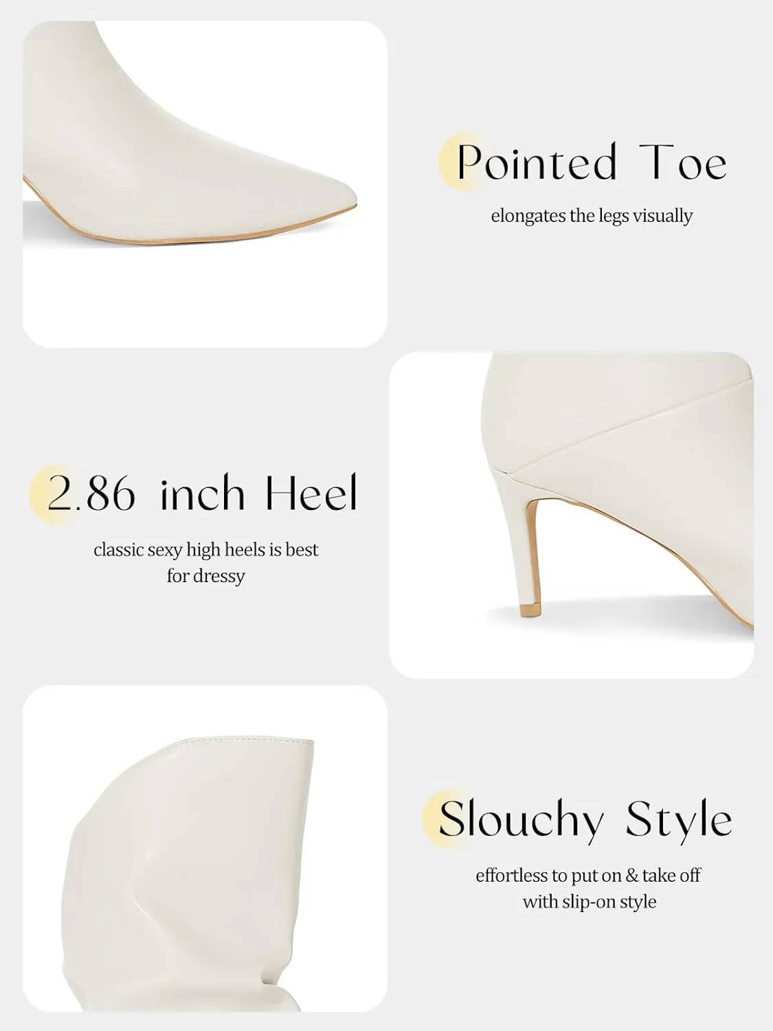 Coutgo Womens Slouchy Mid Calf Boots Stiletto High Heel Leather Booties Pointed Toe Pull on Fall Winter Shoes