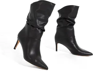 Coutgo Womens Slouchy Mid Calf Boots Stiletto High Heel Leather Booties Pointed Toe Pull on Fall Winter Shoes