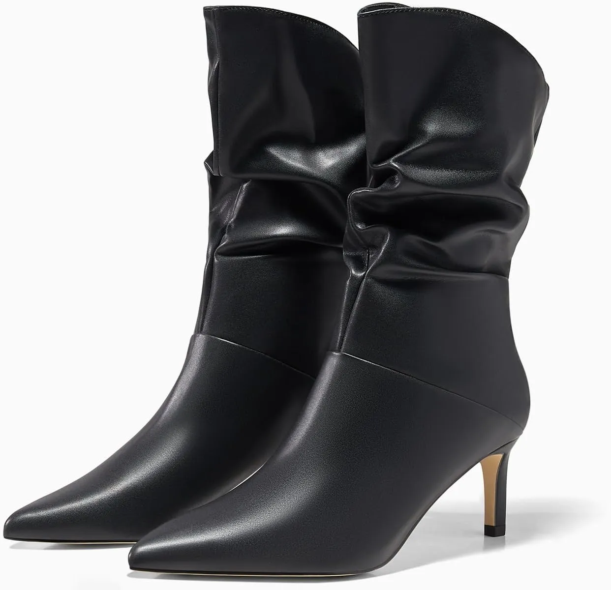 Coutgo Womens Slouchy Mid Calf Boots Stiletto High Heel Leather Booties Pointed Toe Pull on Fall Winter Shoes