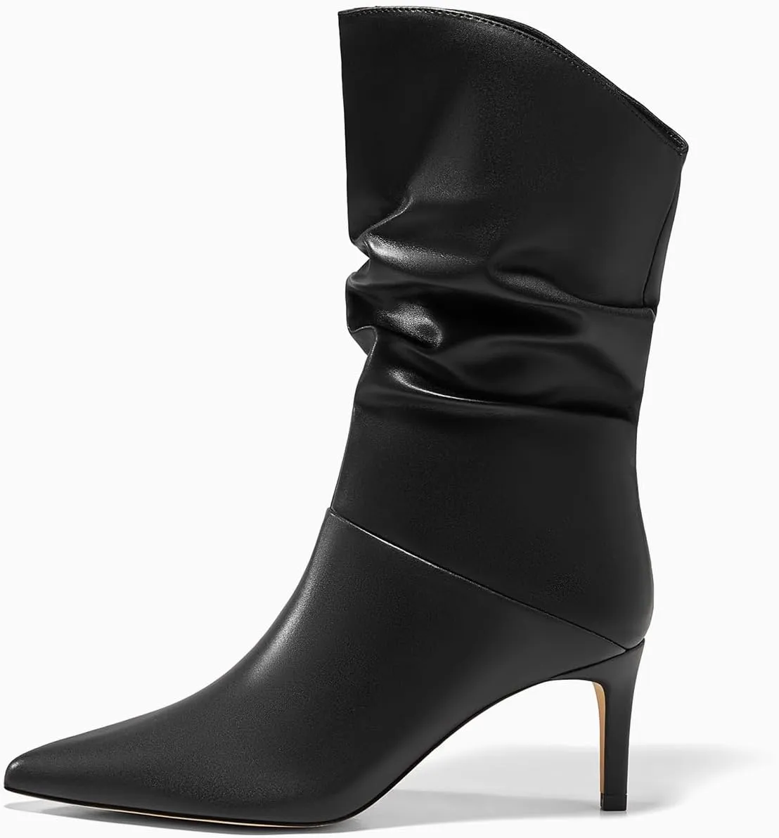Coutgo Womens Slouchy Mid Calf Boots Stiletto High Heel Leather Booties Pointed Toe Pull on Fall Winter Shoes