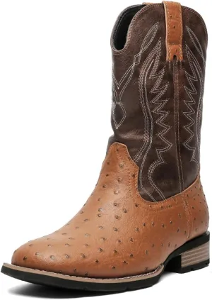 Cowboy Boots for Men Square Toe Classic Embroidered Crocodile Print Western Boot Wide Calf