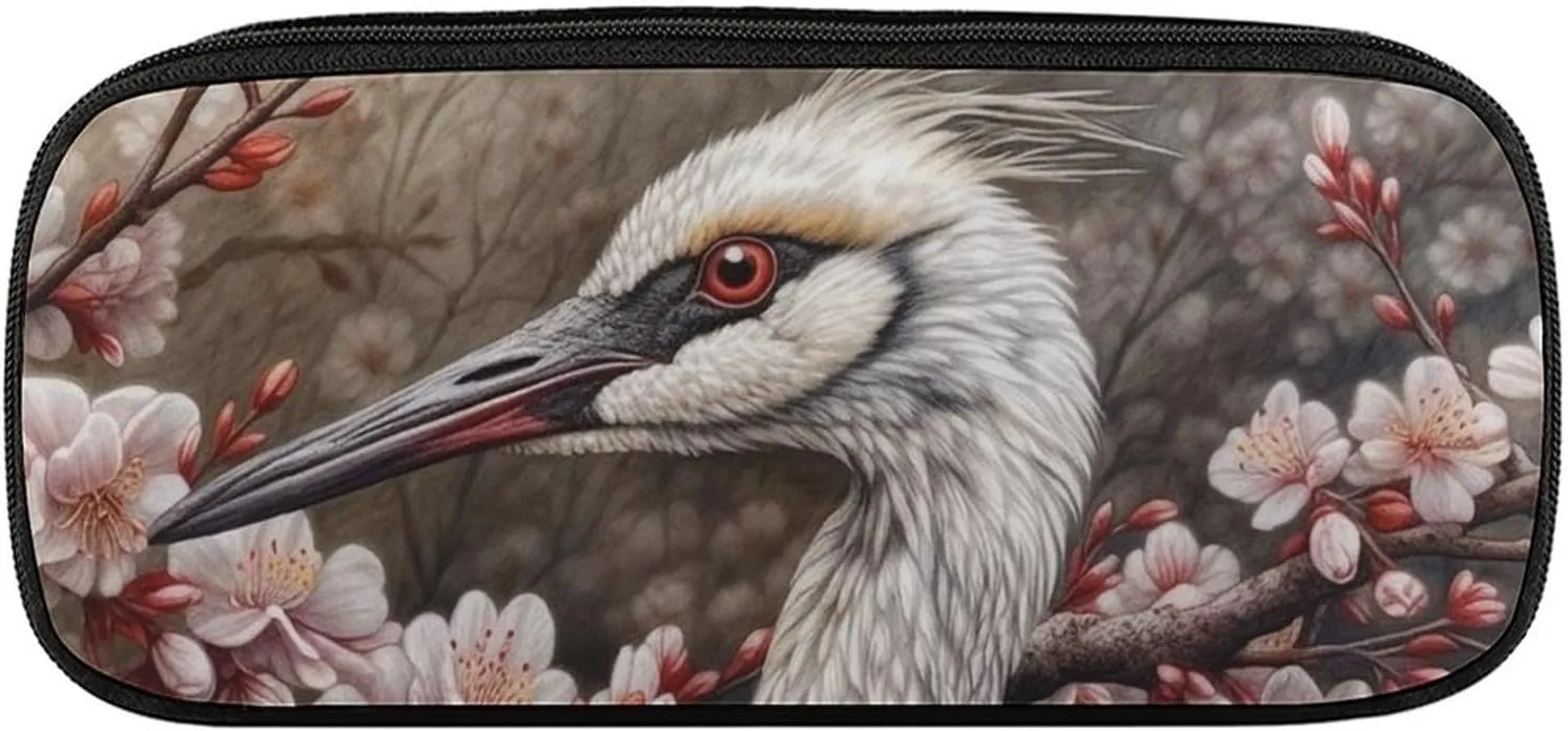Crane near Flower Large Pencil Bag Waterproof Cute Pen Case Travel Cosmetic Leather Makeup Bag Organizer Pen Holder for Men Women