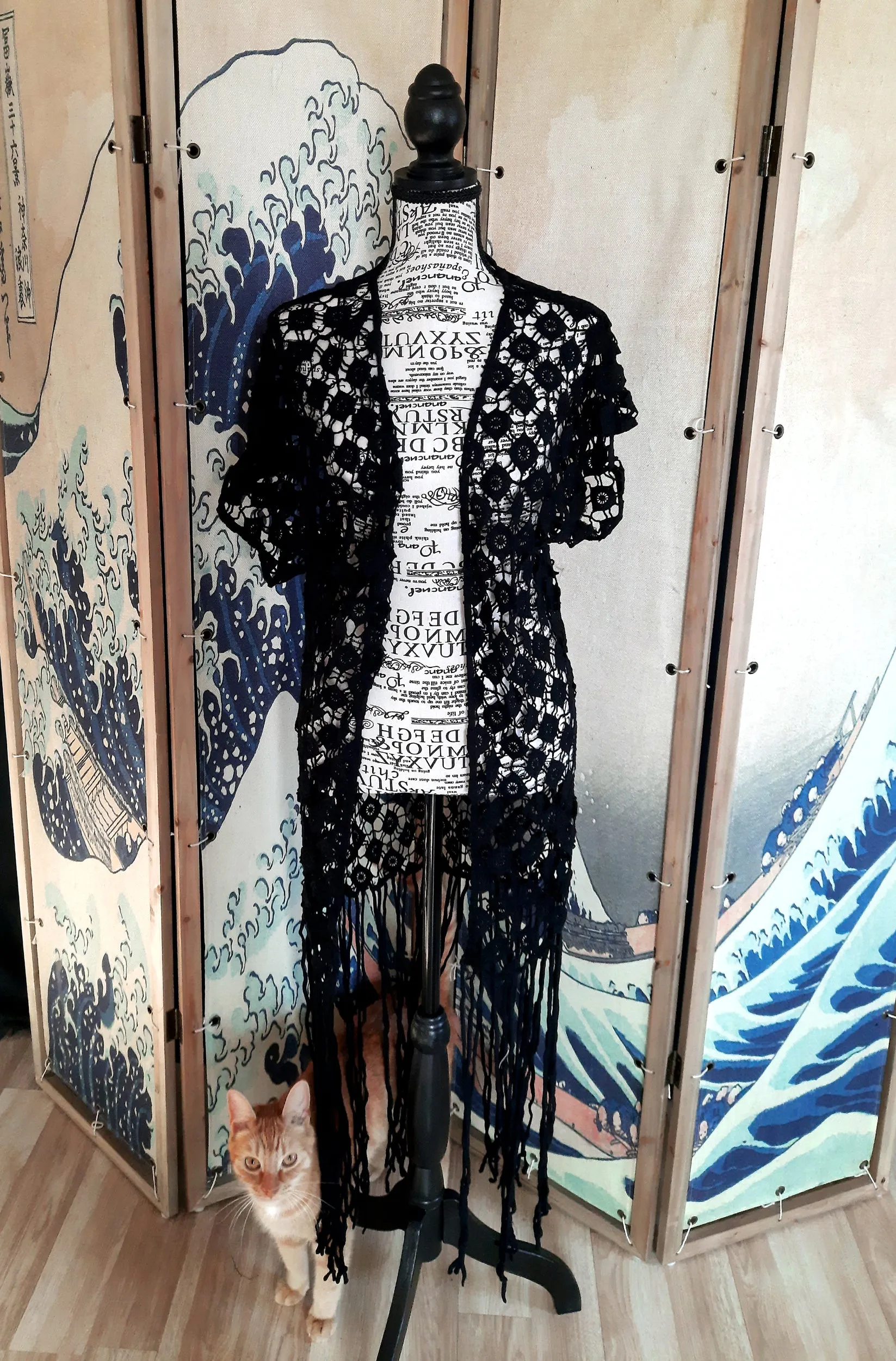 Crocheted Open-Front Fringe Kimono