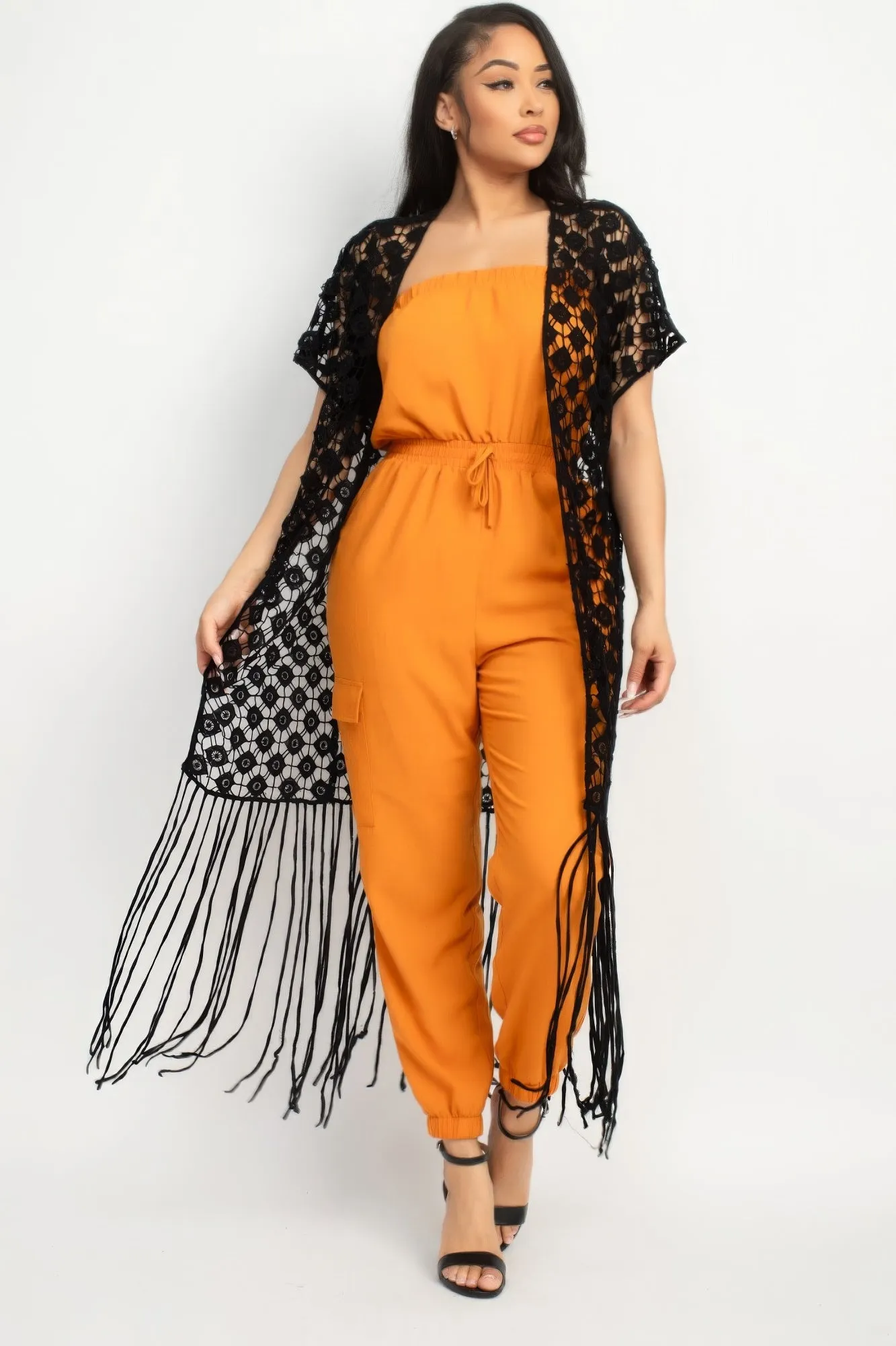 Crocheted Open-Front Fringe Kimono