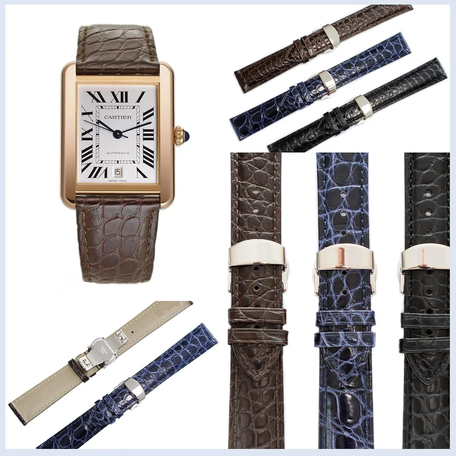 Crocodile Leather Straps For Cartier Watches With Deployment Clasp, Watch Strap For Cartier Watches