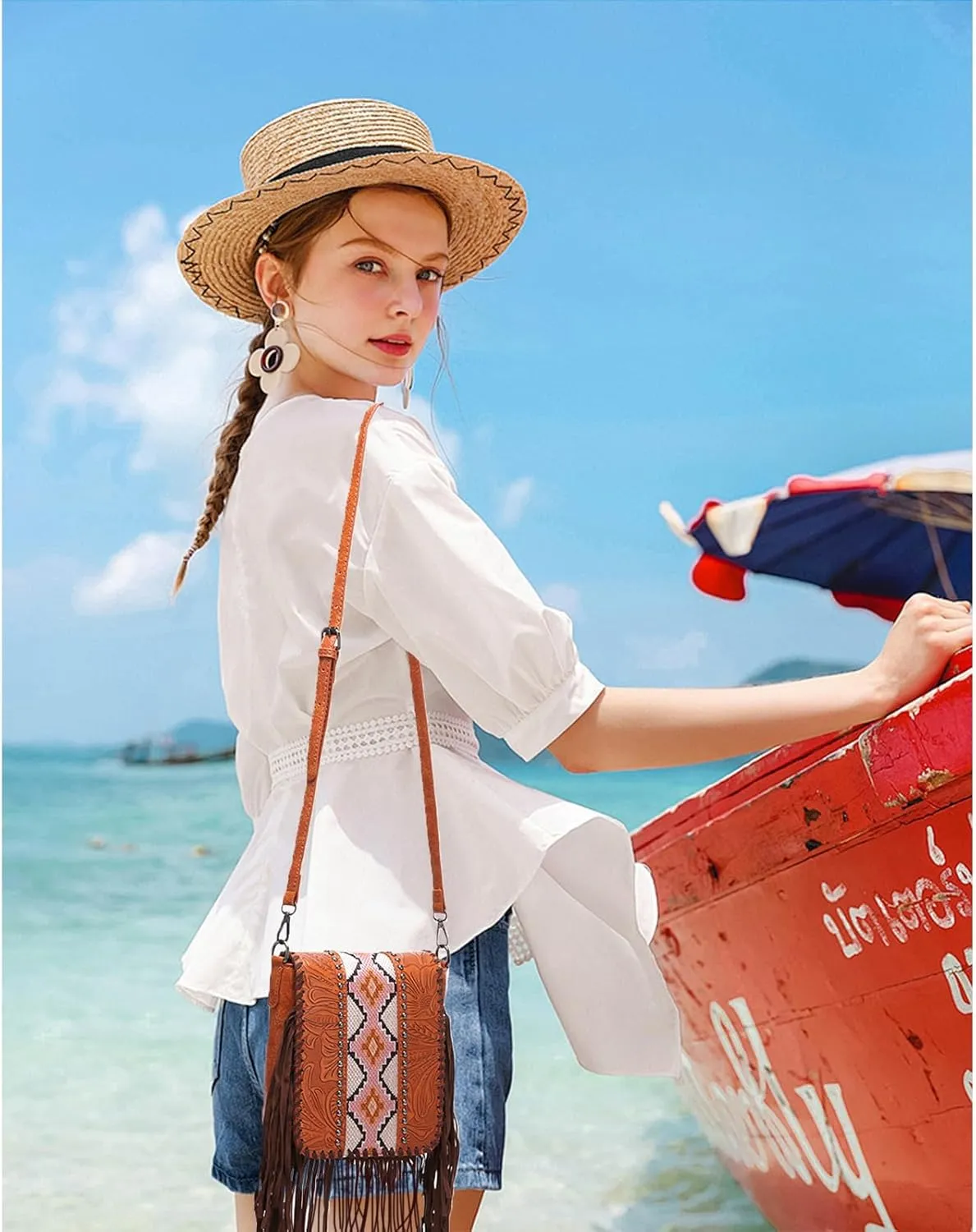 Crossbody Bag for Women PU & Woven Western Fringe Purse Waterproof Tassels Crossbody Purse Bag