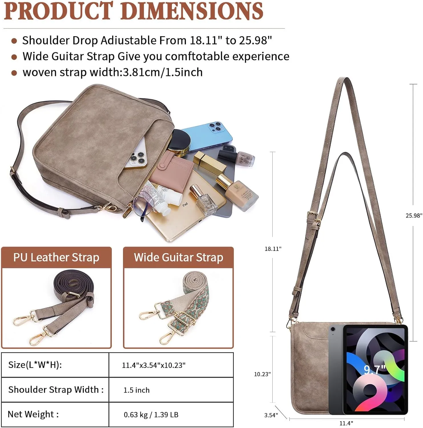 Crossbody Bags For Women Trendy Vegan Leather Travel Bags Shoulder Purses For Women With 2 Adjustable Strap