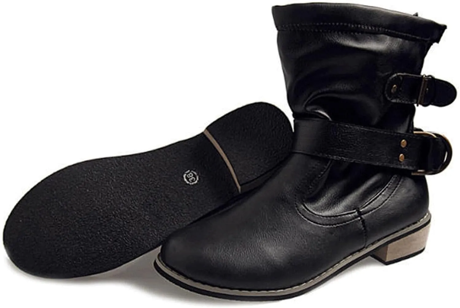 Crzidha Slouchy Ankle Boots for Women,Loose Wide Width Low Calf Boots,Lightweight Low Heel Comfortable Casual Walking Travel Boots,Adjustable Buckle Strap Boots,Leather Boots