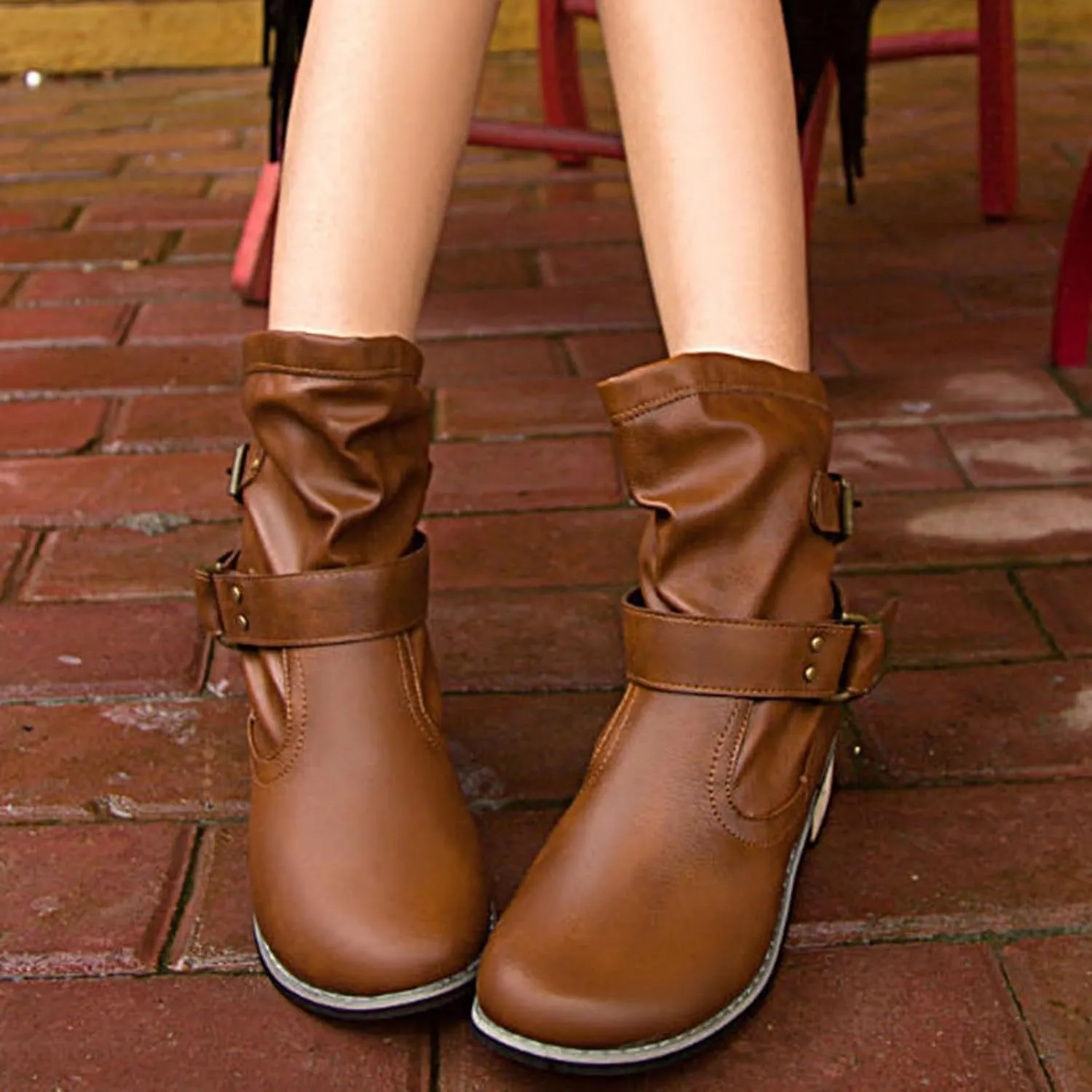 Crzidha Slouchy Ankle Boots for Women,Loose Wide Width Low Calf Boots,Lightweight Low Heel Comfortable Casual Walking Travel Boots,Adjustable Buckle Strap Boots,Leather Boots