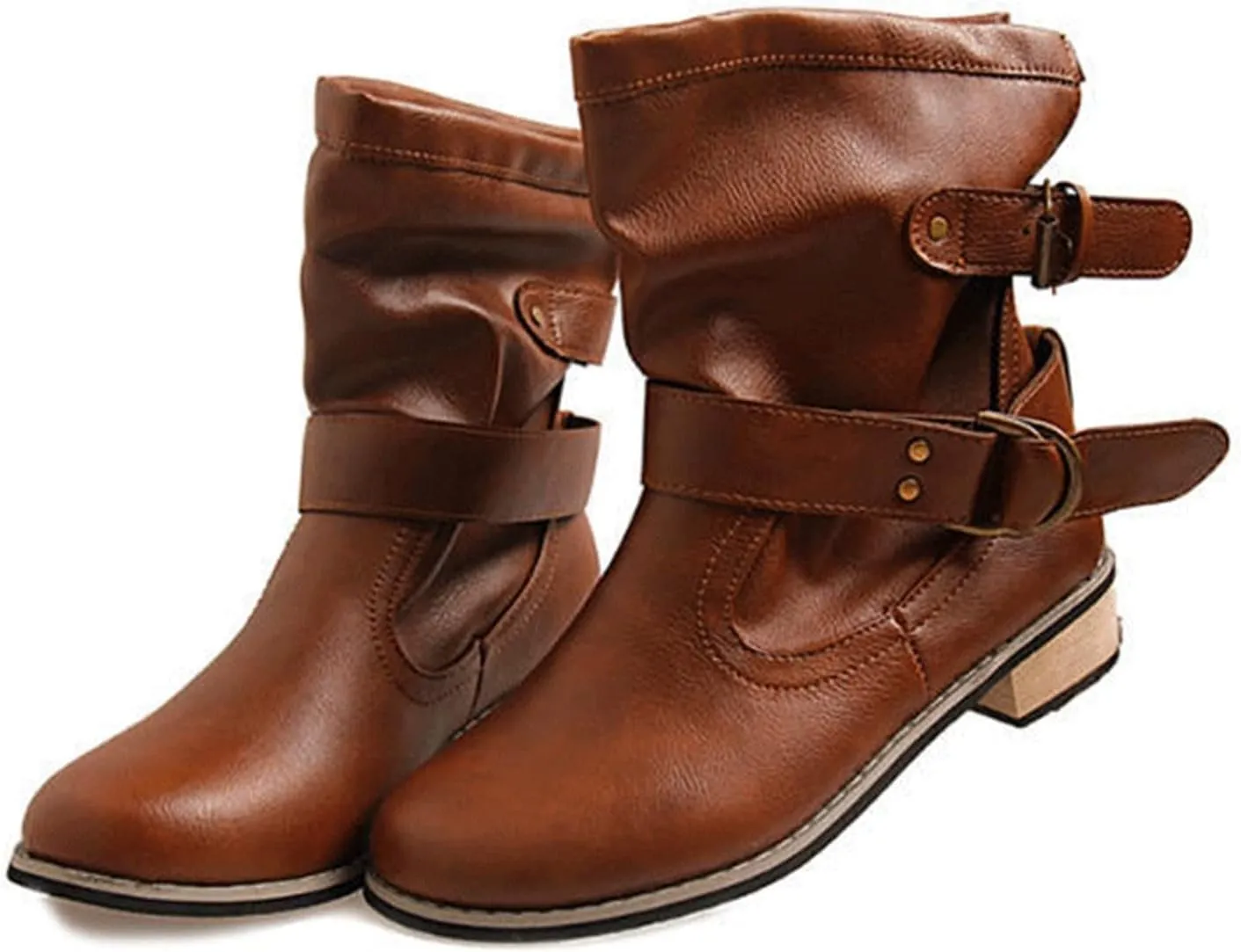 Crzidha Slouchy Ankle Boots for Women,Loose Wide Width Low Calf Boots,Lightweight Low Heel Comfortable Casual Walking Travel Boots,Adjustable Buckle Strap Boots,Leather Boots