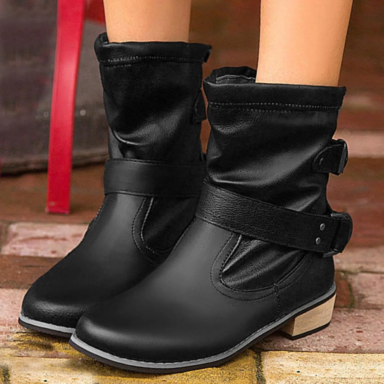 Crzidha Slouchy Ankle Boots for Women,Loose Wide Width Low Calf Boots,Lightweight Low Heel Comfortable Casual Walking Travel Boots,Adjustable Buckle Strap Boots,Leather Boots