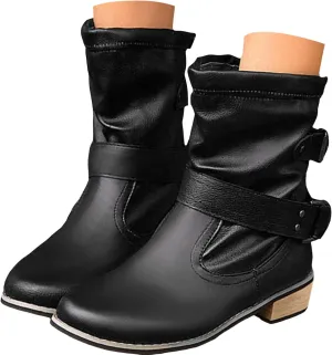 Crzidha Slouchy Ankle Boots for Women,Loose Wide Width Low Calf Boots,Lightweight Low Heel Comfortable Casual Walking Travel Boots,Adjustable Buckle Strap Boots,Leather Boots
