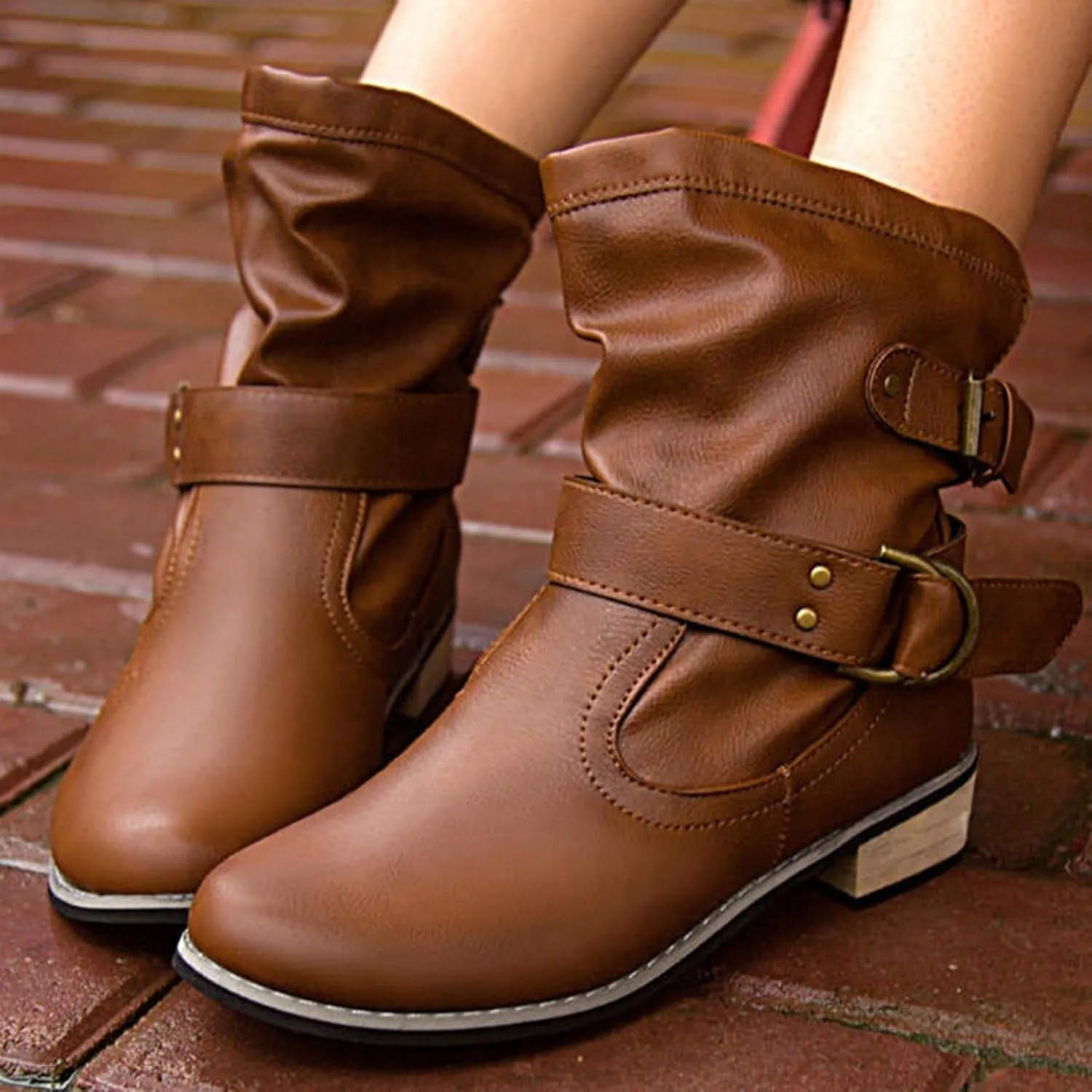 Crzidha Slouchy Ankle Boots for Women,Loose Wide Width Low Calf Boots,Lightweight Low Heel Comfortable Casual Walking Travel Boots,Adjustable Buckle Strap Boots,Leather Boots