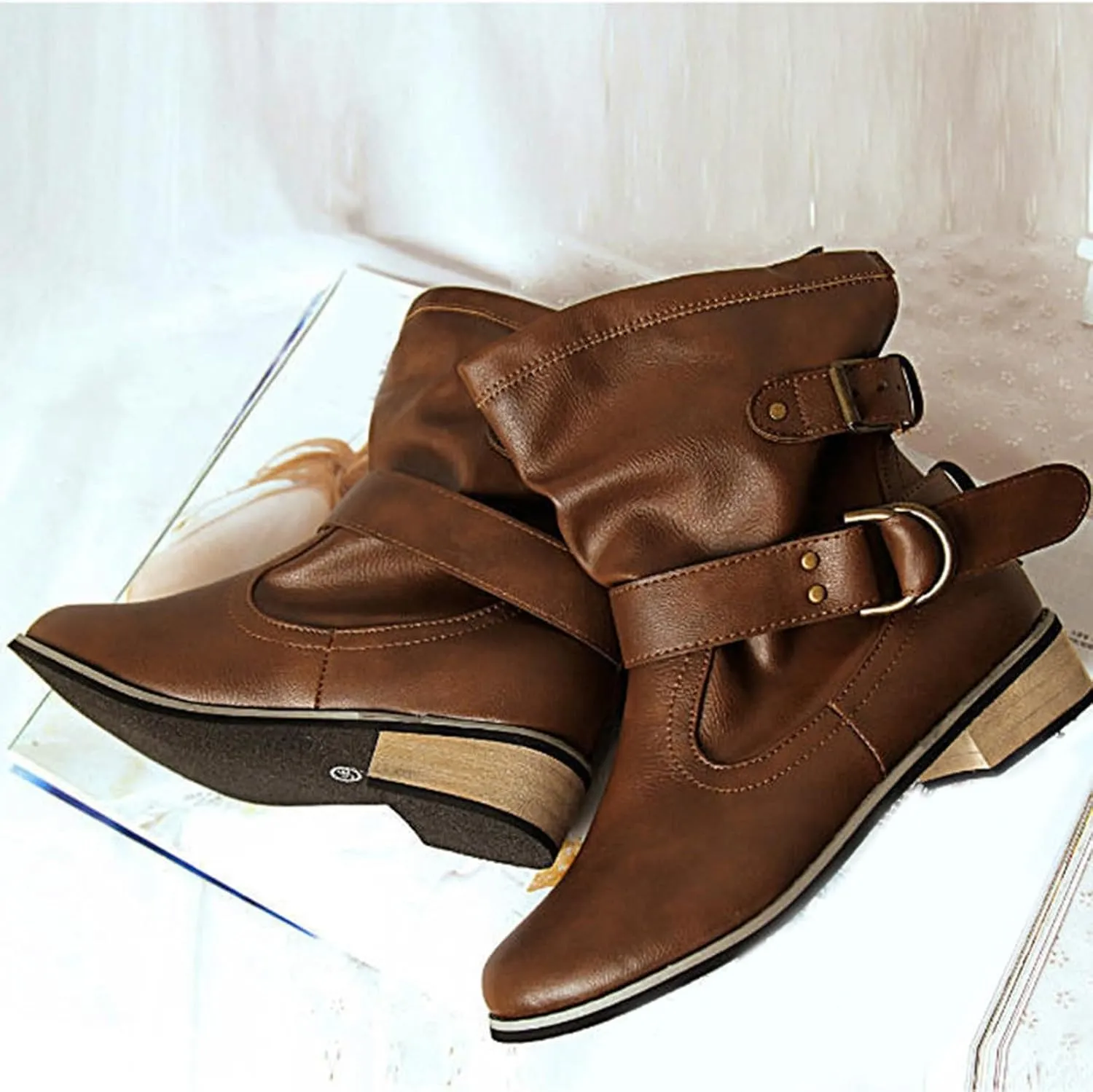 Crzidha Slouchy Ankle Boots for Women,Loose Wide Width Low Calf Boots,Lightweight Low Heel Comfortable Casual Walking Travel Boots,Adjustable Buckle Strap Boots,Leather Boots