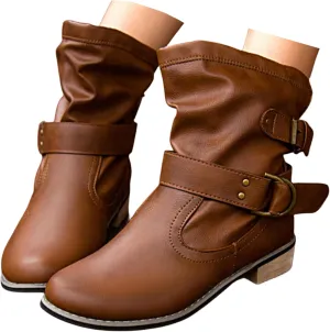Crzidha Slouchy Ankle Boots for Women,Loose Wide Width Low Calf Boots,Lightweight Low Heel Comfortable Casual Walking Travel Boots,Adjustable Buckle Strap Boots,Leather Boots