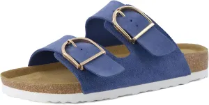 CUSHIONAIRE Legacy Cork Footbed Sandals for Women – Leather Double Strap Slides with Adjustable Buckles   Memory Foam