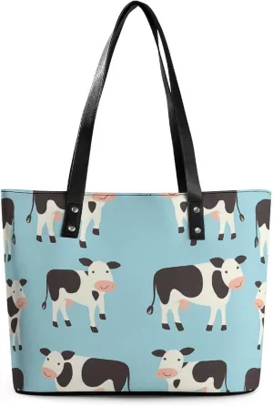 Cute Cattle Cow Women's Tote Shoulder Bag Handbag Top Handle Leather 29 * 34 * 14cm