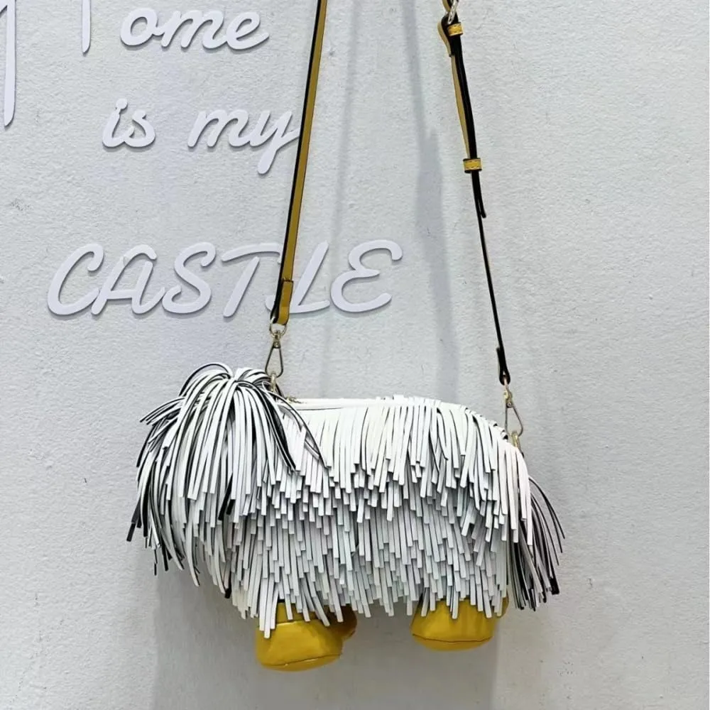 Cute Dog Shape Single Shoulder Bag Tassels Crossbody Bag PU Leather Purse and Handbag for Women (White)