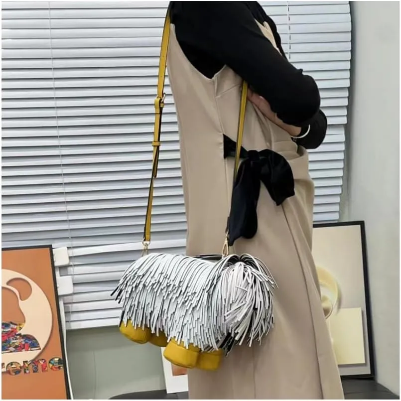 Cute Dog Shape Single Shoulder Bag Tassels Crossbody Bag PU Leather Purse and Handbag for Women (White)