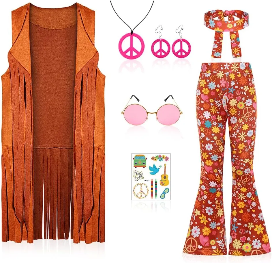 Cuteshower Girl Hippie Costume 70s 60s Hippie Outfits for Girls Halloween Cosplay Party