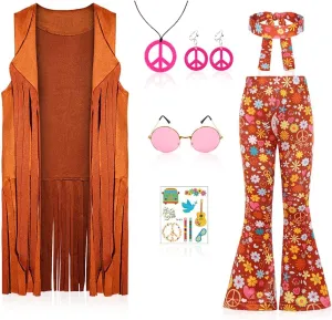 Cuteshower Girl Hippie Costume 70s 60s Hippie Outfits for Girls Halloween Cosplay Party