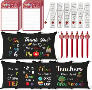 CY2SIDE Teachers Appreciation Gifts Set - 24PCS Back to School Thank You Gifts Set Include Black Cosmetic Bags, Red Sticky Notes, Pens and Metal Bookmarks with Tassels for Best Teachers Women, 6 Sets
