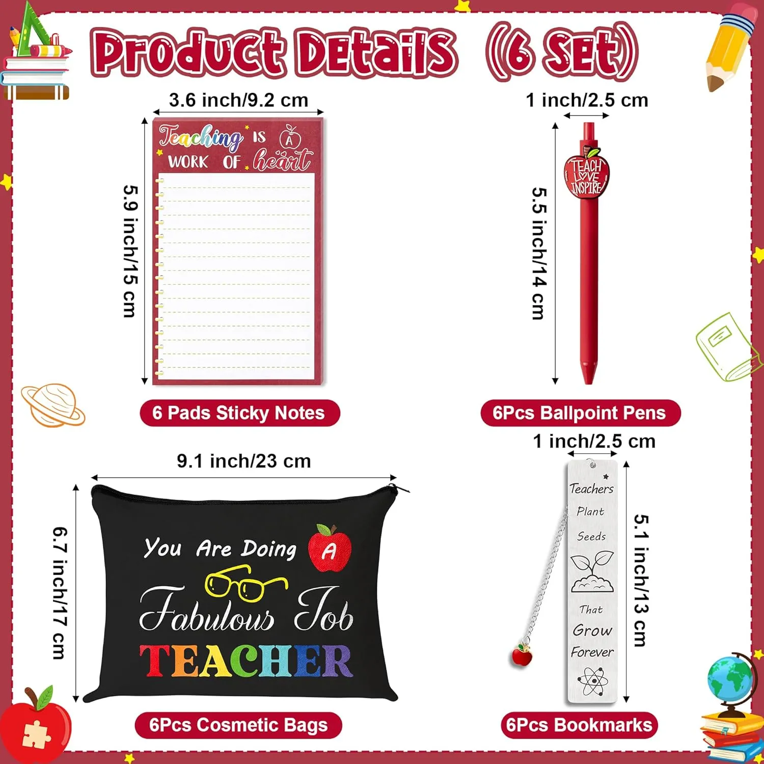 CY2SIDE Teachers Appreciation Gifts Set - 24PCS Back to School Thank You Gifts Set Include Black Cosmetic Bags, Red Sticky Notes, Pens and Metal Bookmarks with Tassels for Best Teachers Women, 6 Sets