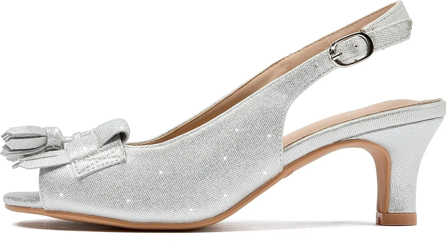 DADAWEN Women's Slingback Kitten Heels Tassels Peep Toe Pumps Wedding Party Dress Shoes