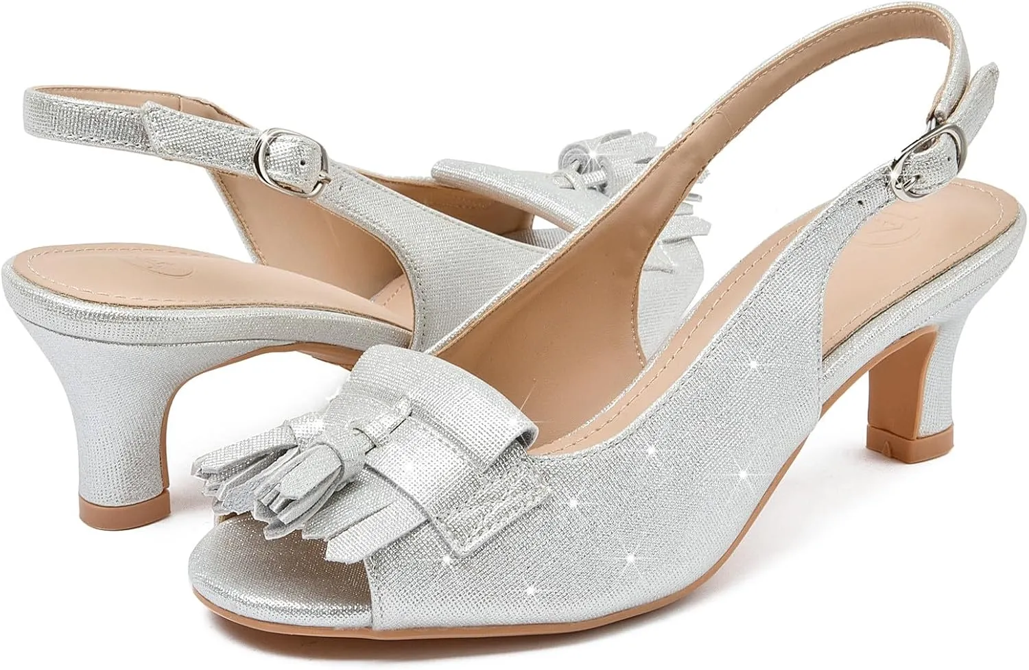 DADAWEN Women's Slingback Kitten Heels Tassels Peep Toe Pumps Wedding Party Dress Shoes