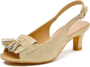 DADAWEN Women's Slingback Kitten Heels Tassels Peep Toe Pumps Wedding Party Dress Shoes
