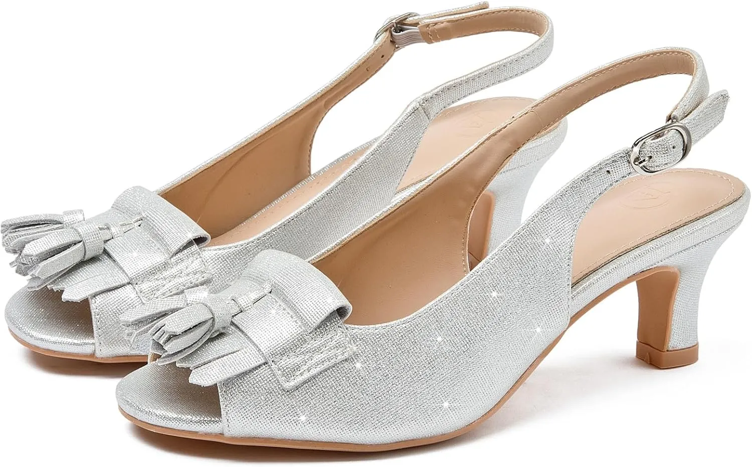 DADAWEN Women's Slingback Kitten Heels Tassels Peep Toe Pumps Wedding Party Dress Shoes