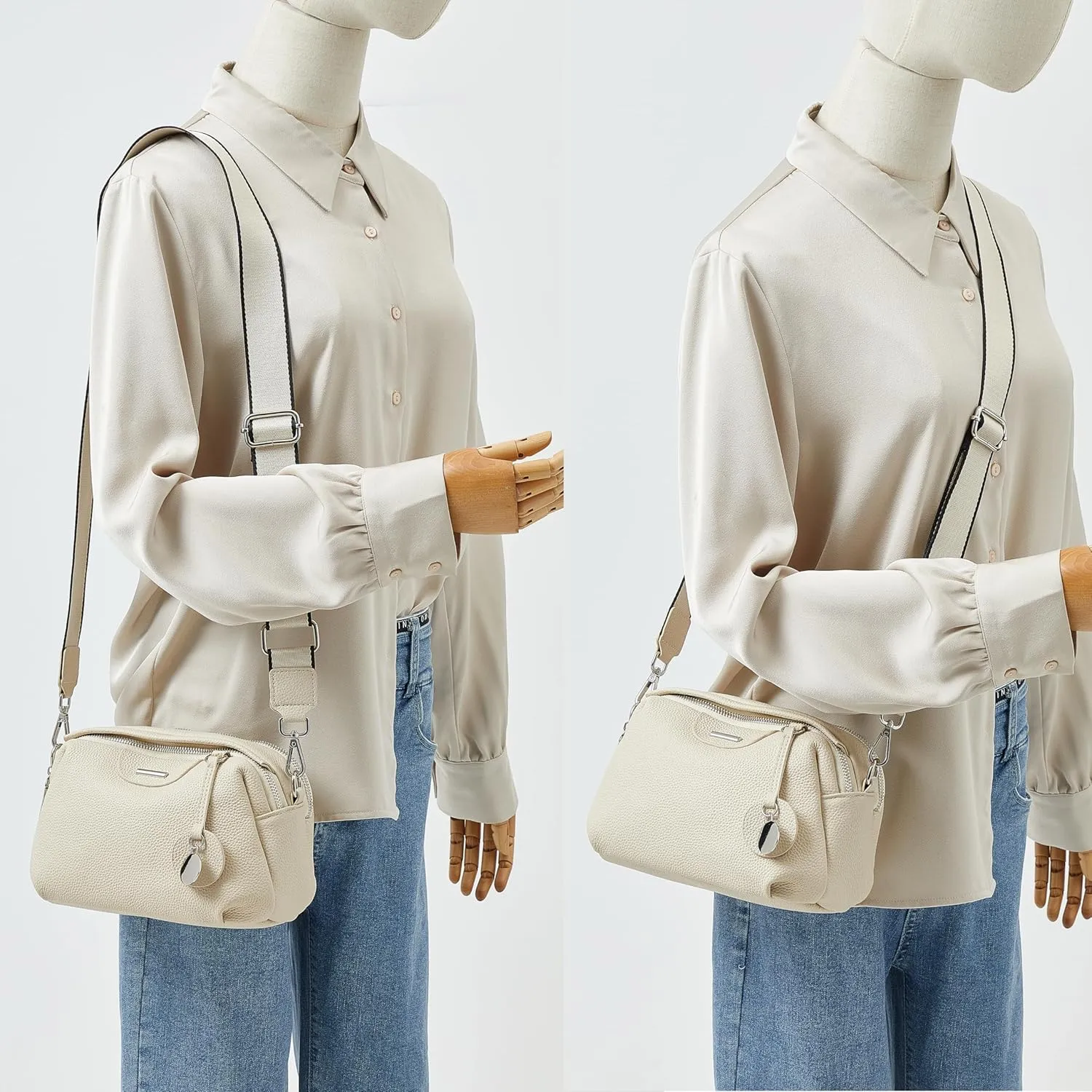 DAILANDO Genuine Leather Crossbody Purse, Women Triple Pockets Shoulder Saddle Bag With Two Detachable Long Straps