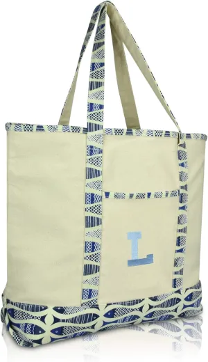 DALIX Initial Tote Bag Personalized Monogram Blue Antique Fish Zippered Top Bold Letter - L