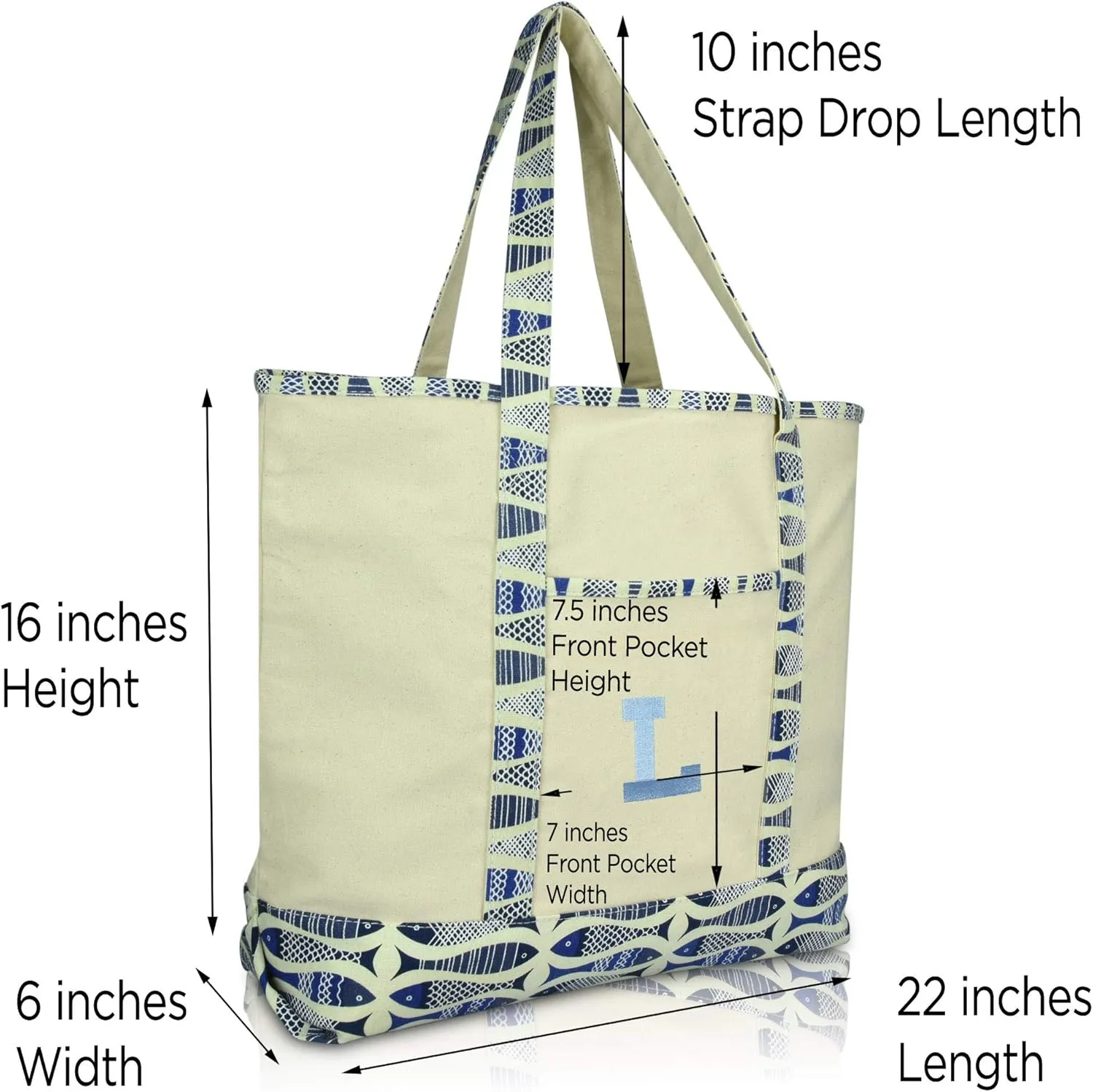 DALIX Initial Tote Bag Personalized Monogram Blue Antique Fish Zippered Top Bold Letter - L