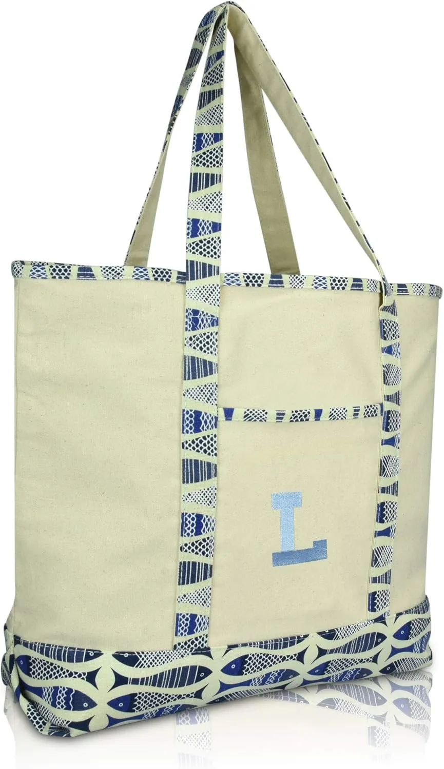 DALIX Initial Tote Bag Personalized Monogram Blue Antique Fish Zippered Top Bold Letter - L