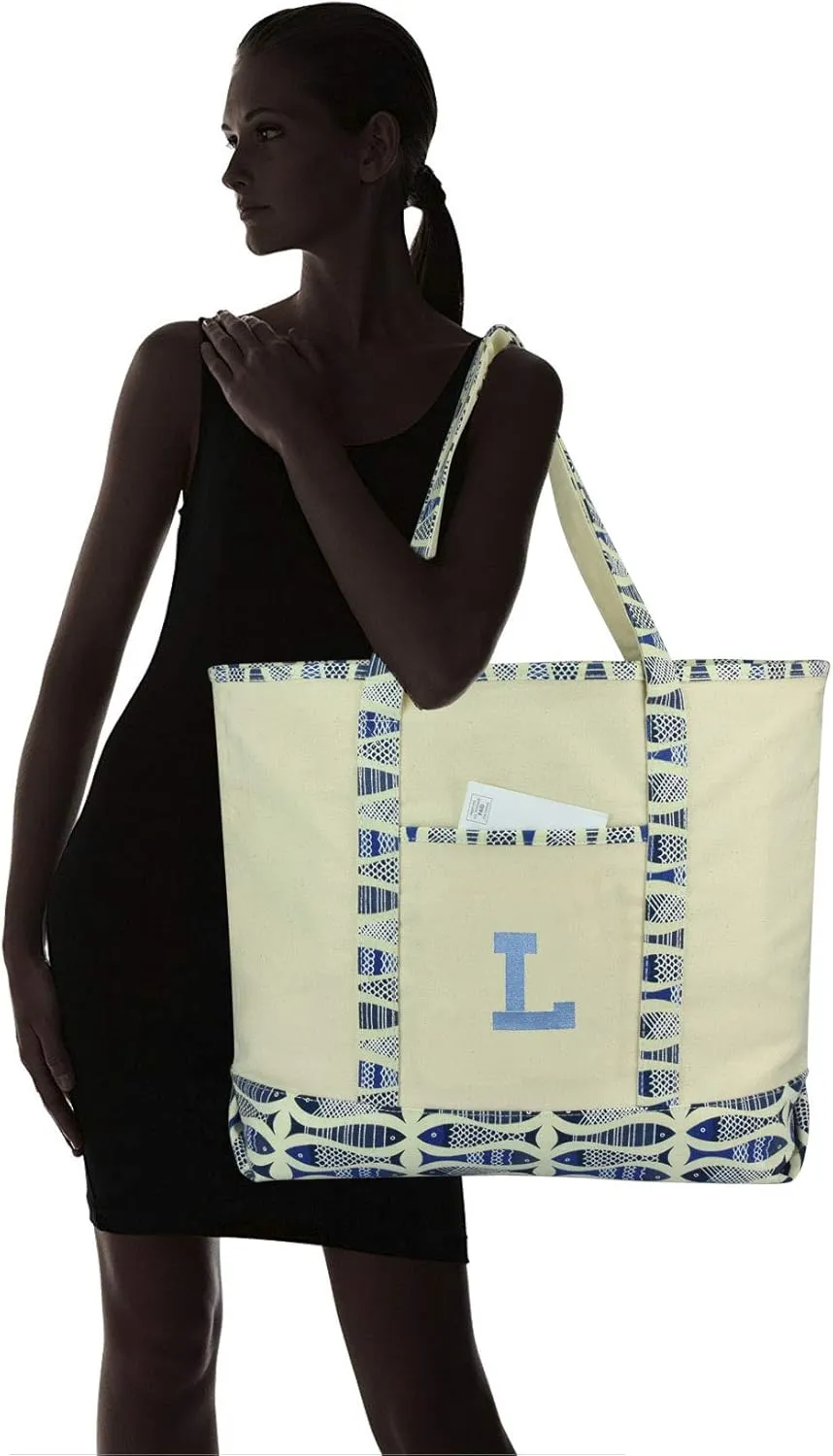 DALIX Initial Tote Bag Personalized Monogram Blue Antique Fish Zippered Top Bold Letter - L