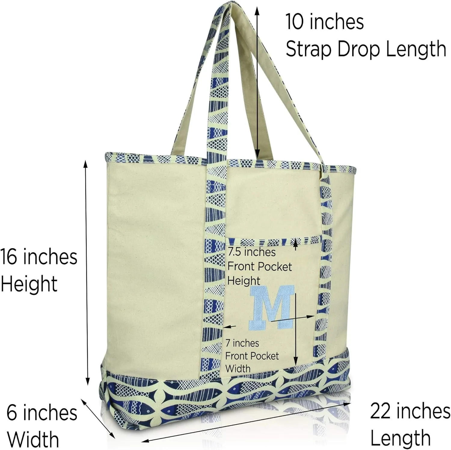 DALIX Initial Tote Bag Personalized Monogram Blue Antique Fish Zippered Top Bold Letter - M