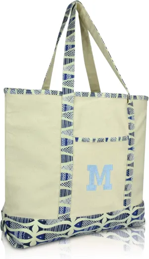DALIX Initial Tote Bag Personalized Monogram Blue Antique Fish Zippered Top Bold Letter - M